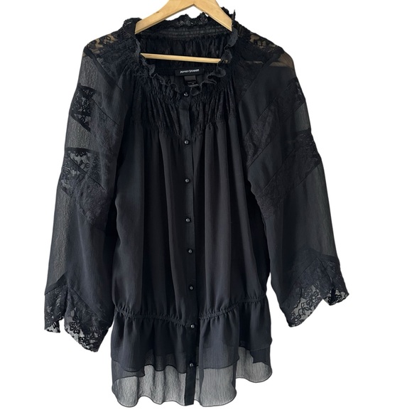 Ashley Stewart 1X Black Sheer Lace Blouse Romantic Gothic Victorian Button Up - Picture 1 of 11